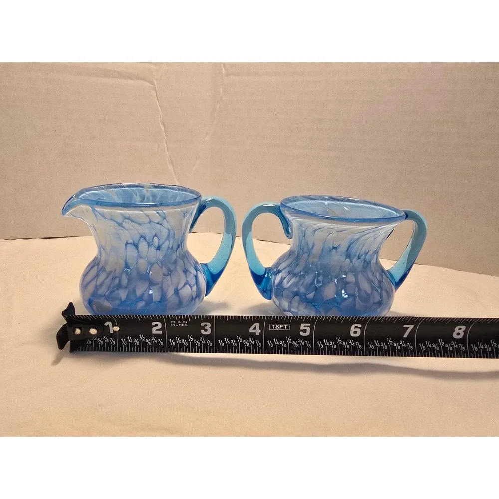 Blue White Mottled Art Glass Creamer and Sugar‎ Bowl Set Hand Blown 2 Piece